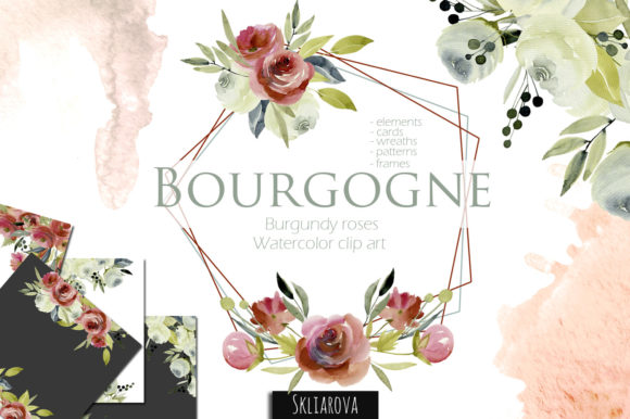 Bourgogne Burgundy and White Roses Clipart Collection