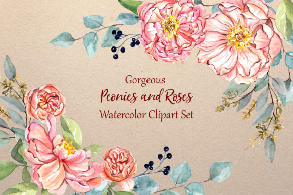 Gorgeous Peonies and Roses Watercolor Clipart
