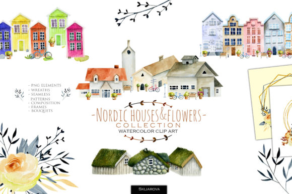 The Enchanting World of Nordic Houses and Flowers: A Watercolor Design Collection